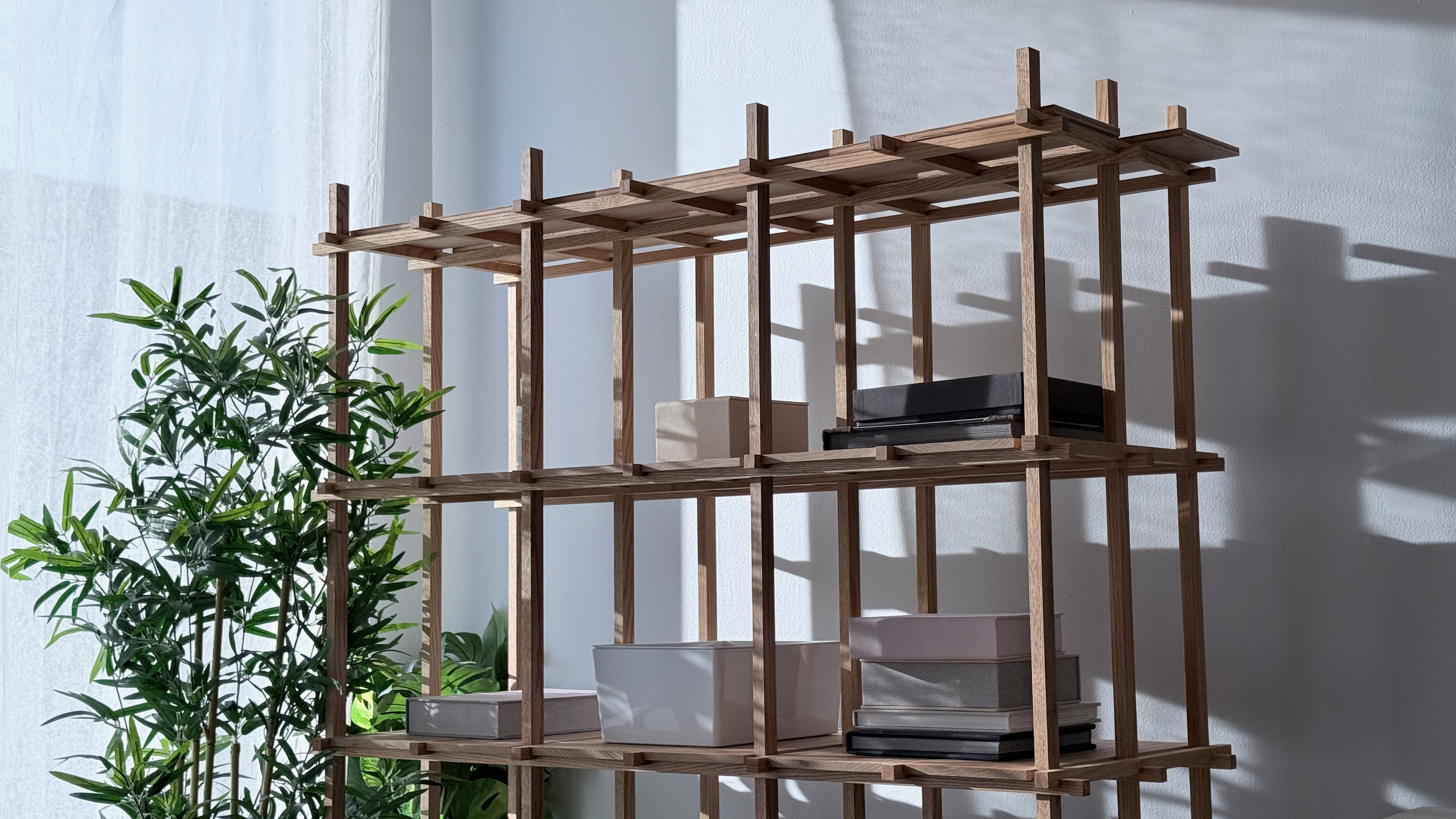 Sunlit shelves with albums and print boxes