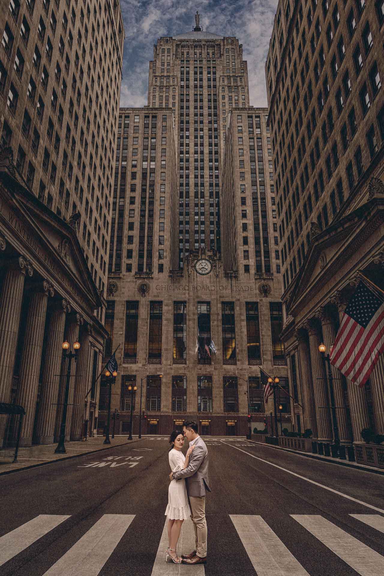 Engagement portrait at the Chicago Board of Trade